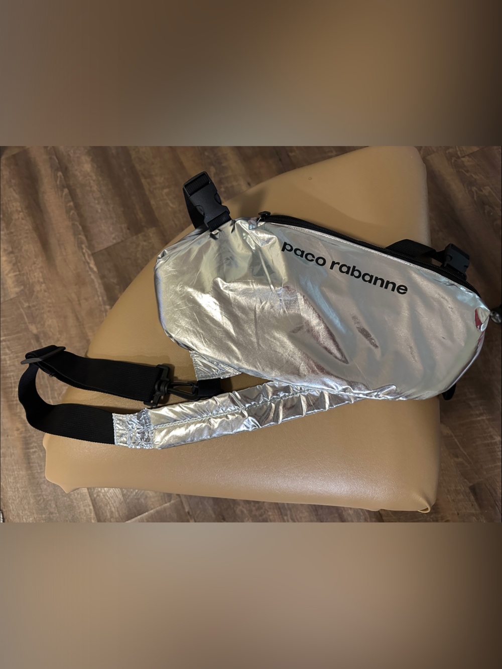 Paco Rabanne Metallic Silver Belt Bag with Black Strap
